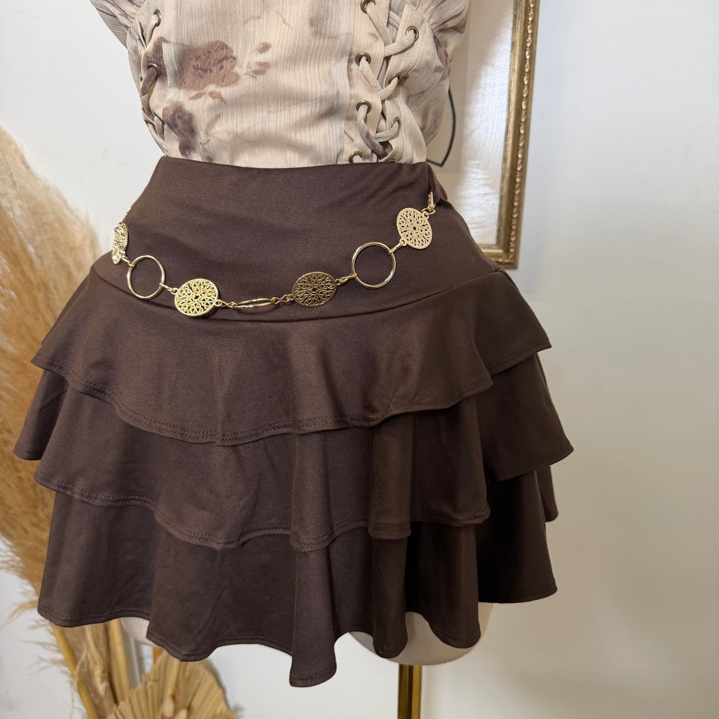 Metal Trim Ruffle Mini Skort-Brown