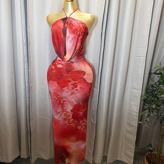 Flower Mesh Maxi Dress-Orange combo