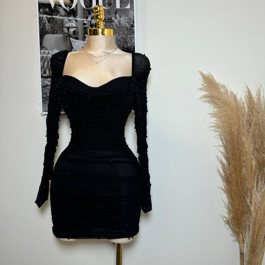 Meghan Pearl Mesh Dress-Black