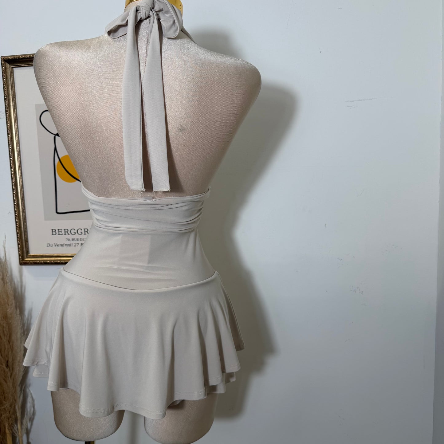 Sleeveless Open Back Halter Ruffle Romper-Stone