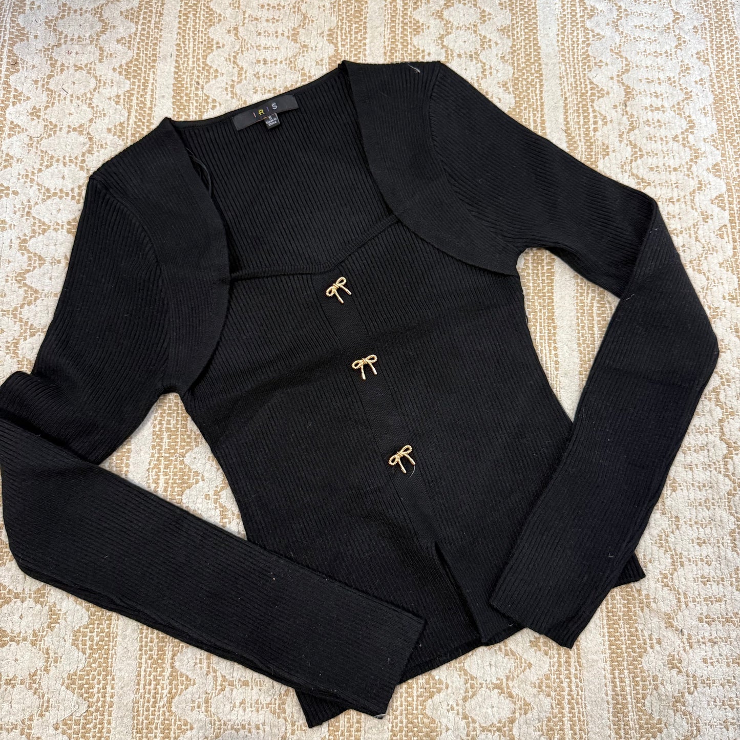 Square Neck Ribbon Trim Sweater Top-Black