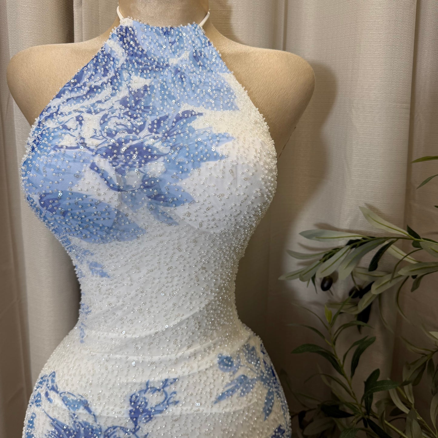 Halter Neck Open back Midi Dress-Blue/white