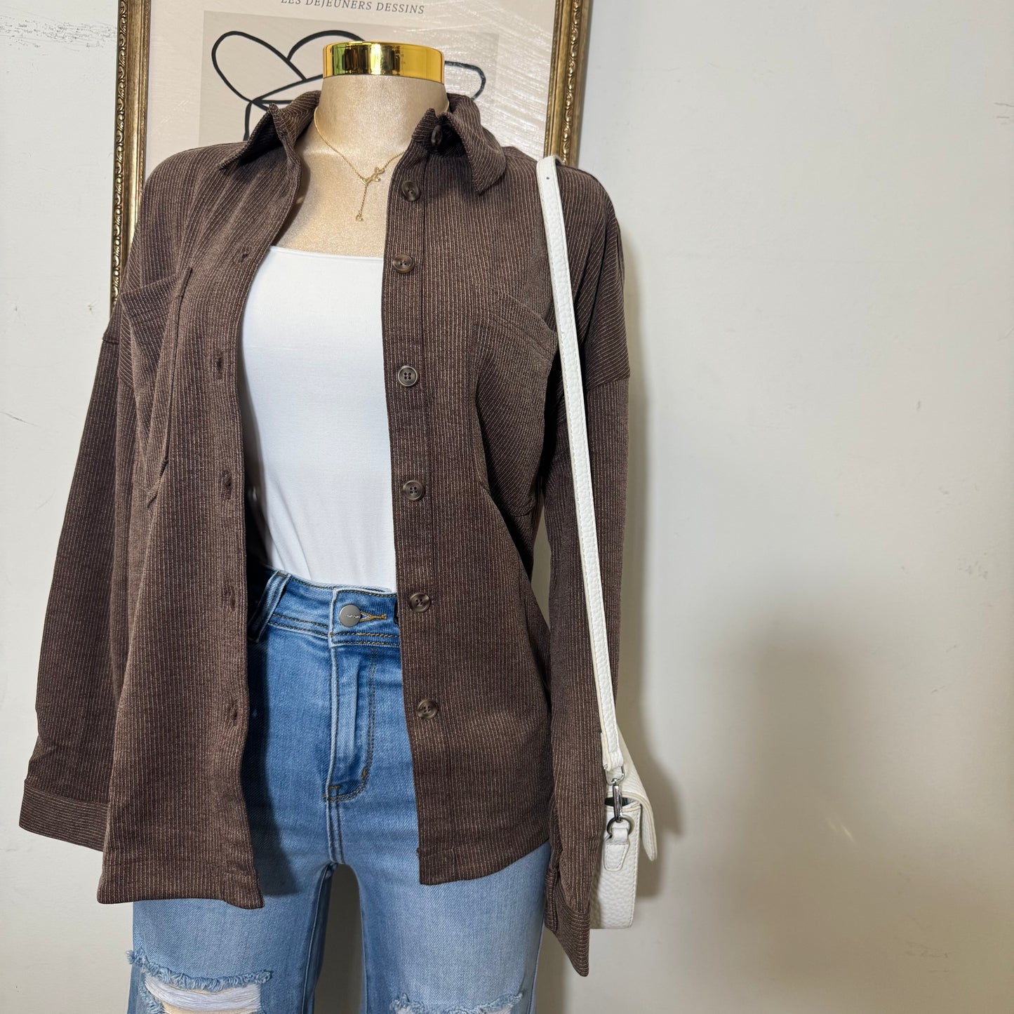 Oversized Pinstripe Collared Button Down Shacket-brown