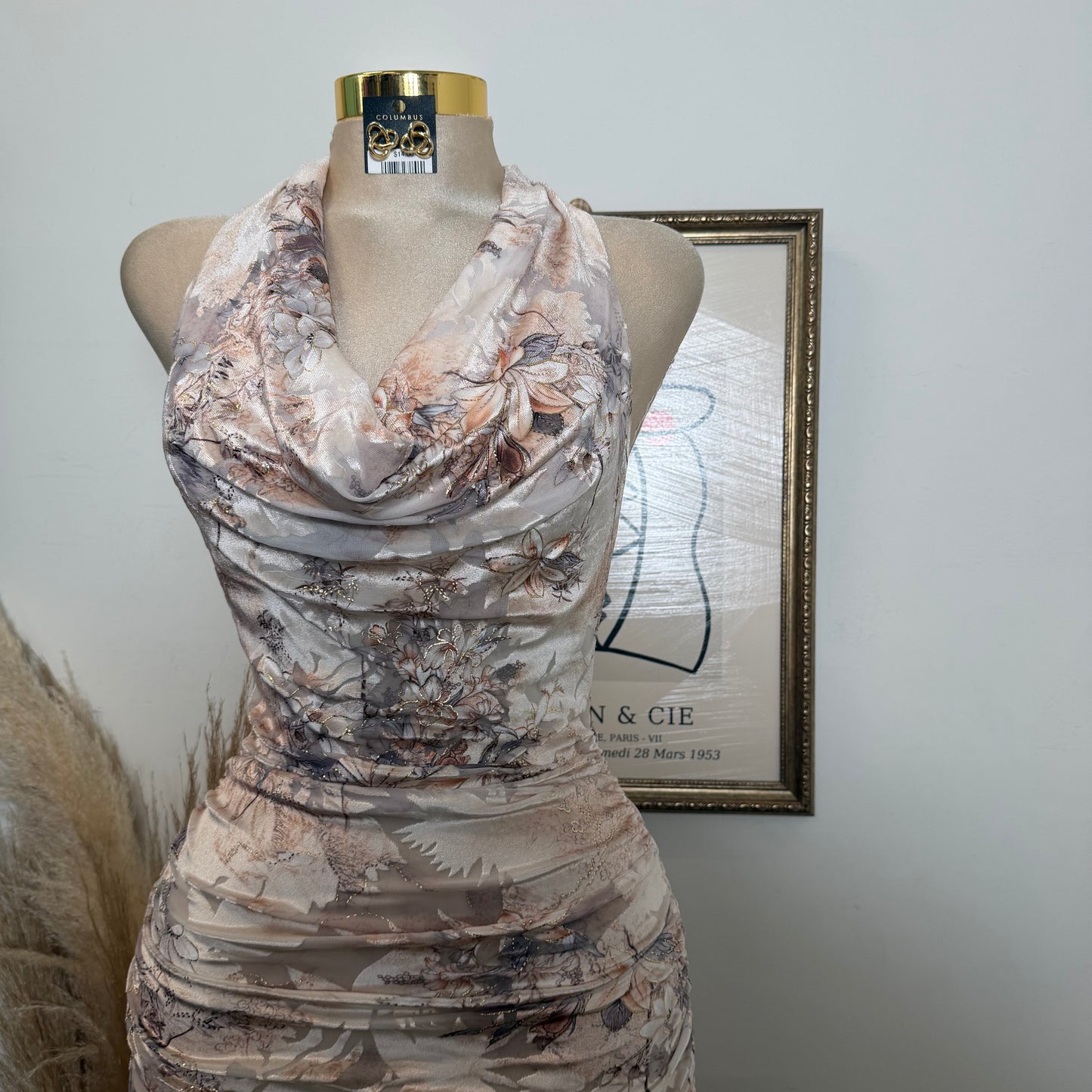 Metallic Printed Mesh halter Ruched Midi Dress-Taupe multi