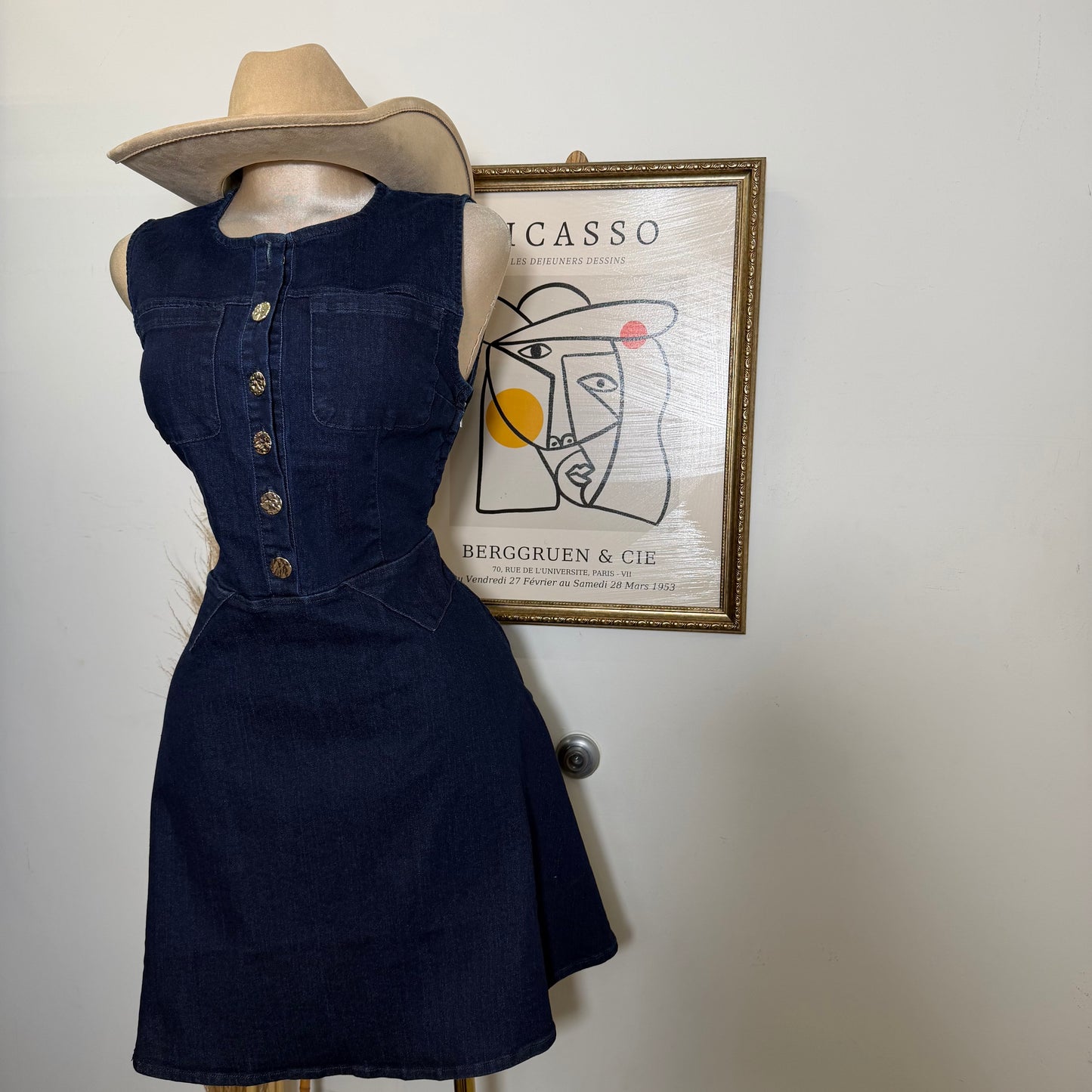 Round Neck Midi Denim Dress-Indigo