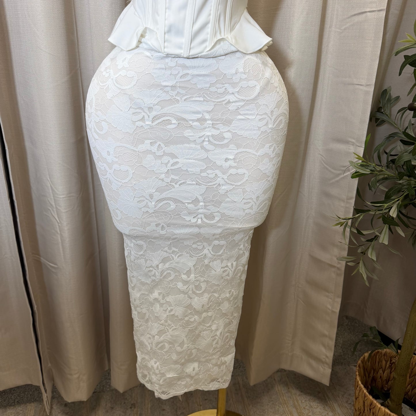 Strapless Corset Lace Midi Dress-White