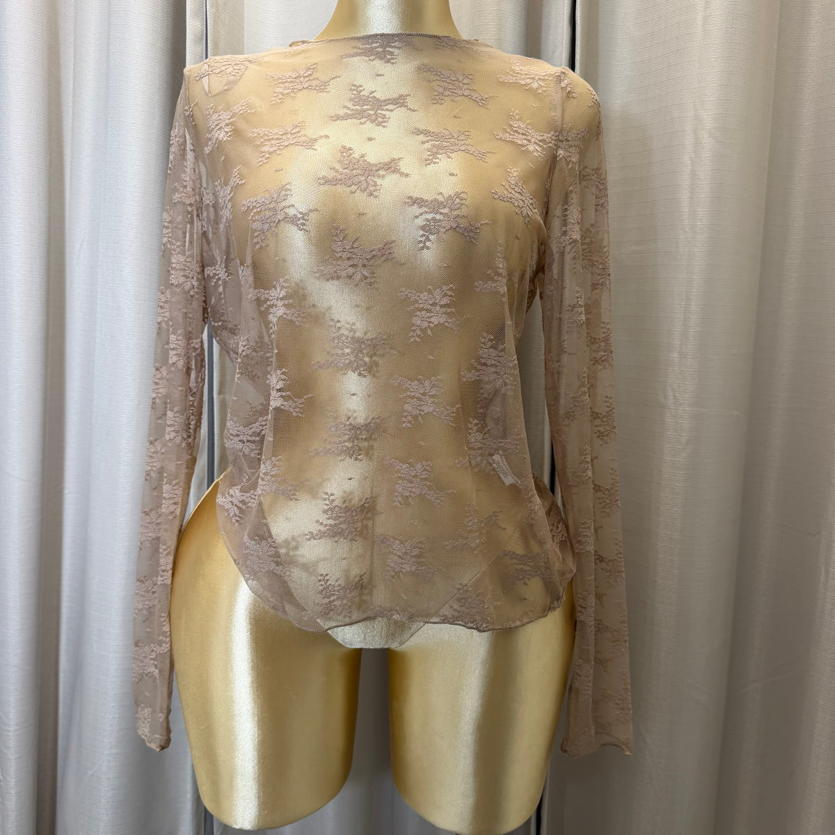 PL Long sleeve sheer lace Mesh Top-Taupe