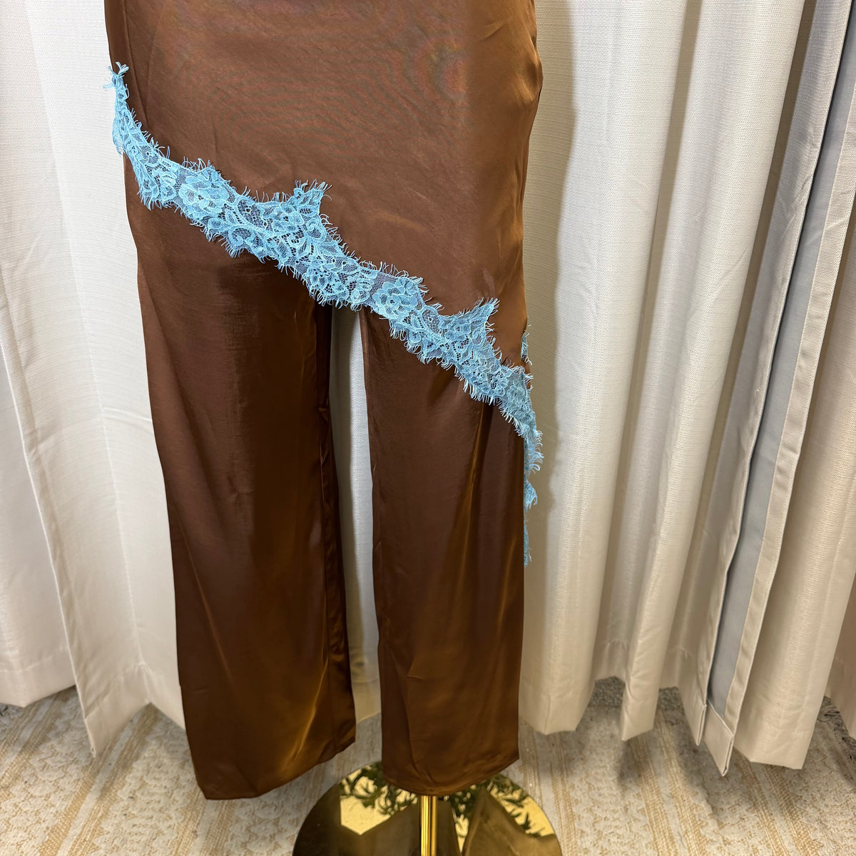 Contrast Lace Trim Satin Halter Jumpsuit-Brown/Blue