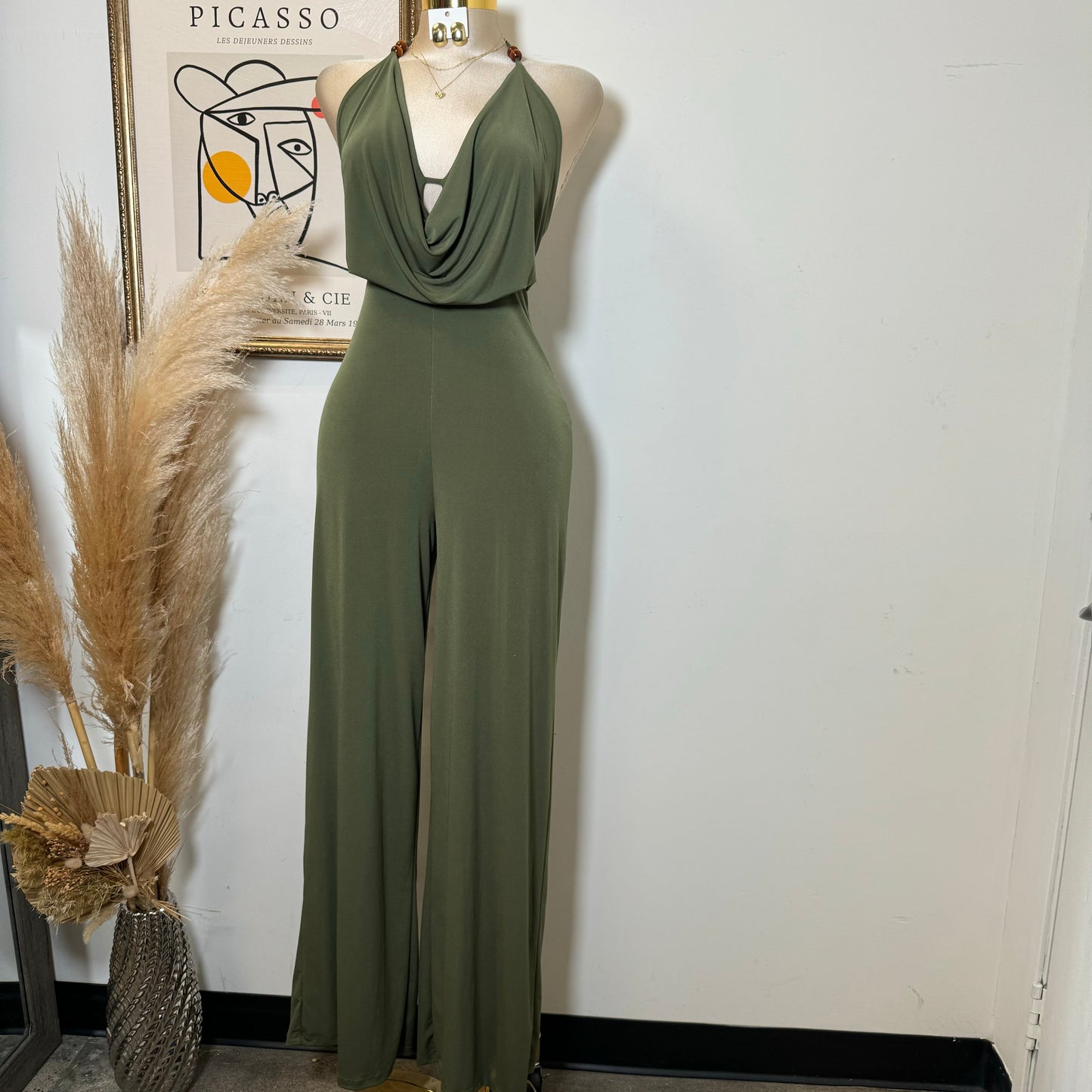 Bead Cowl Neck Halter Jumpsuit-Green