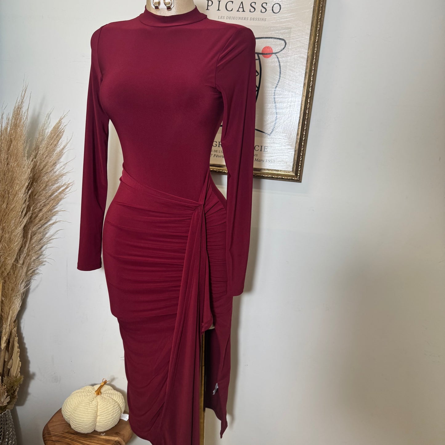 Mock Neck Ruffle Midi Dress-Wine
