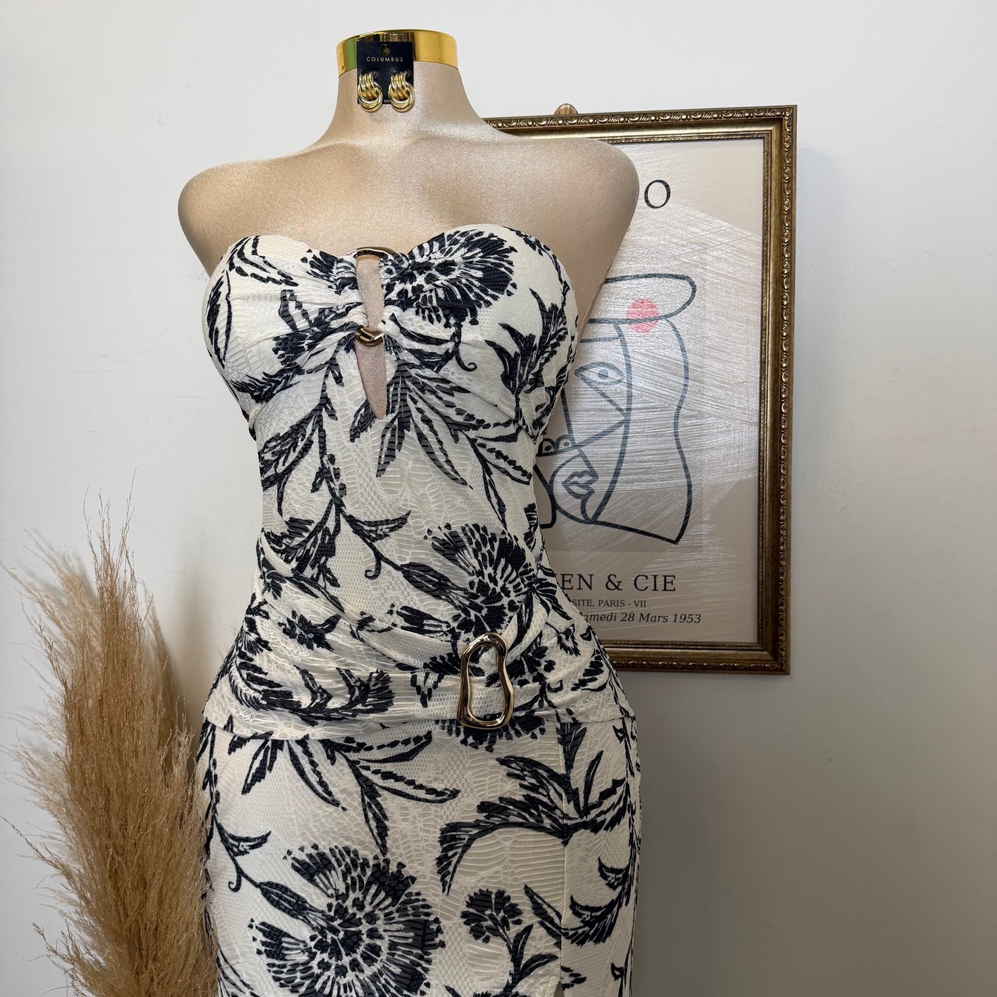 Printed Knit Jacquard w/ Metal Trim Tube Midi Dress-Black/White
