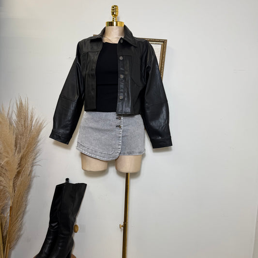 Pu Faux Leather Cropped Jacket-Black