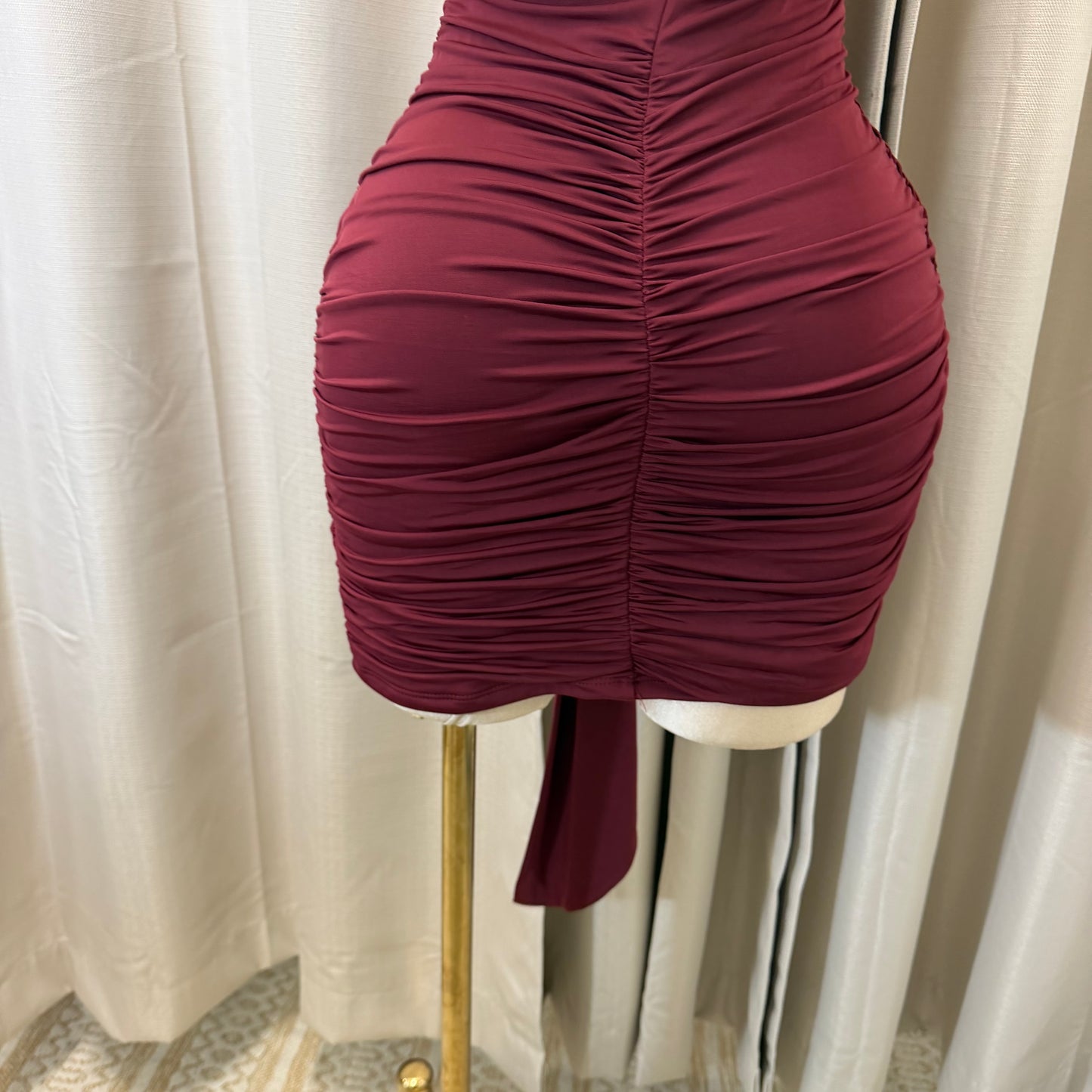 Orchid Halter Ruched front panel Mini Dress-Burgundy