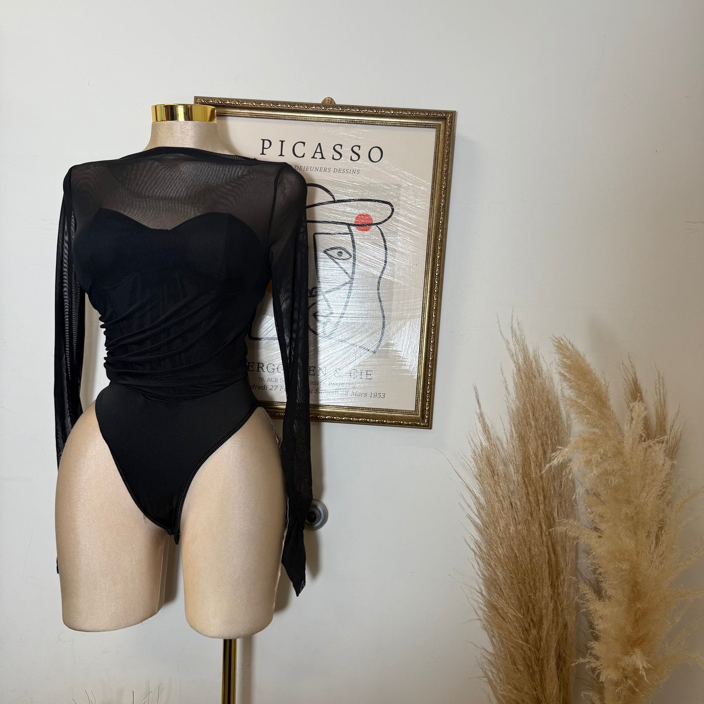 Long Sleeve Mesh Top Bodysuit-Black
