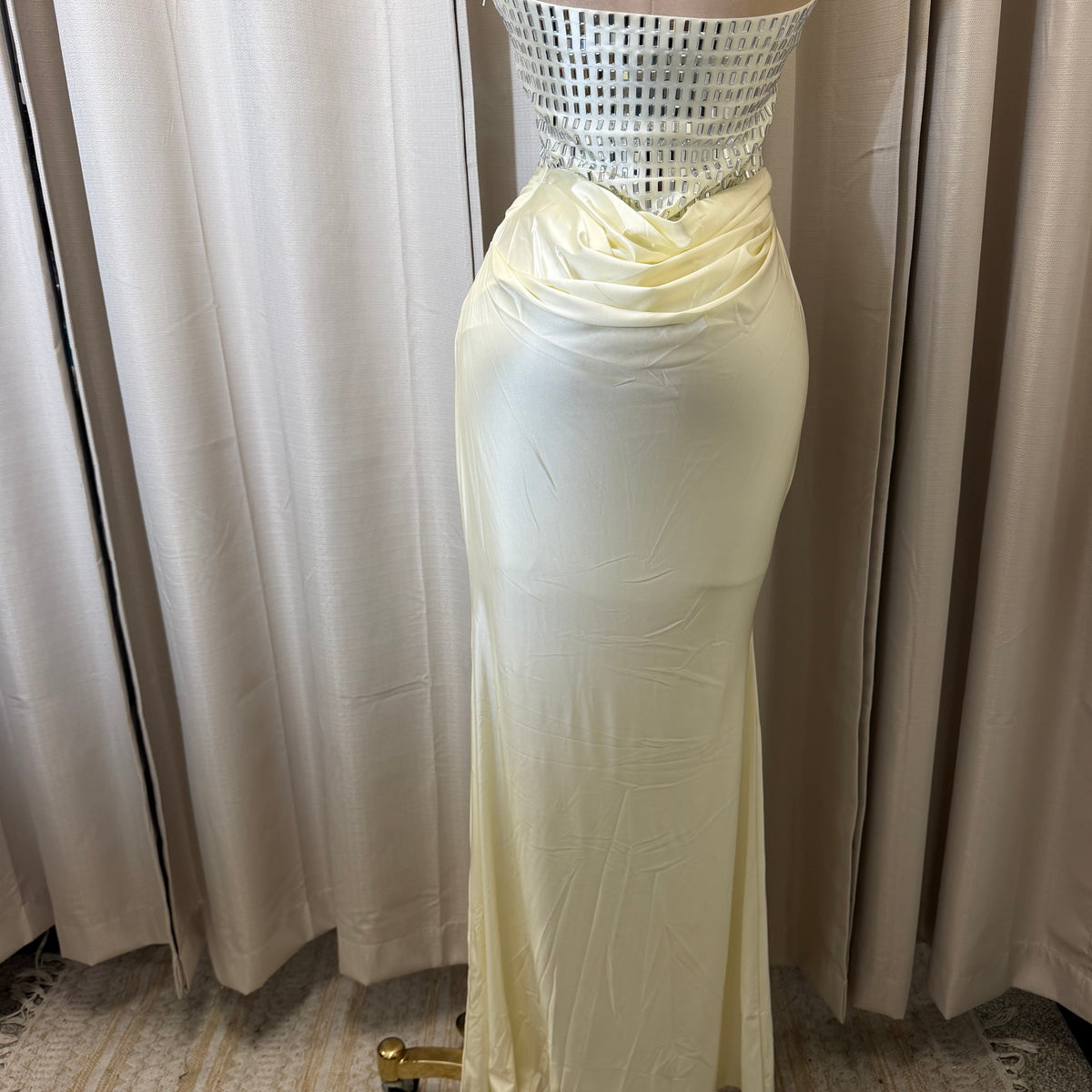 Rectangle Rhinestone satin mermaid maxi Dress-Ivory