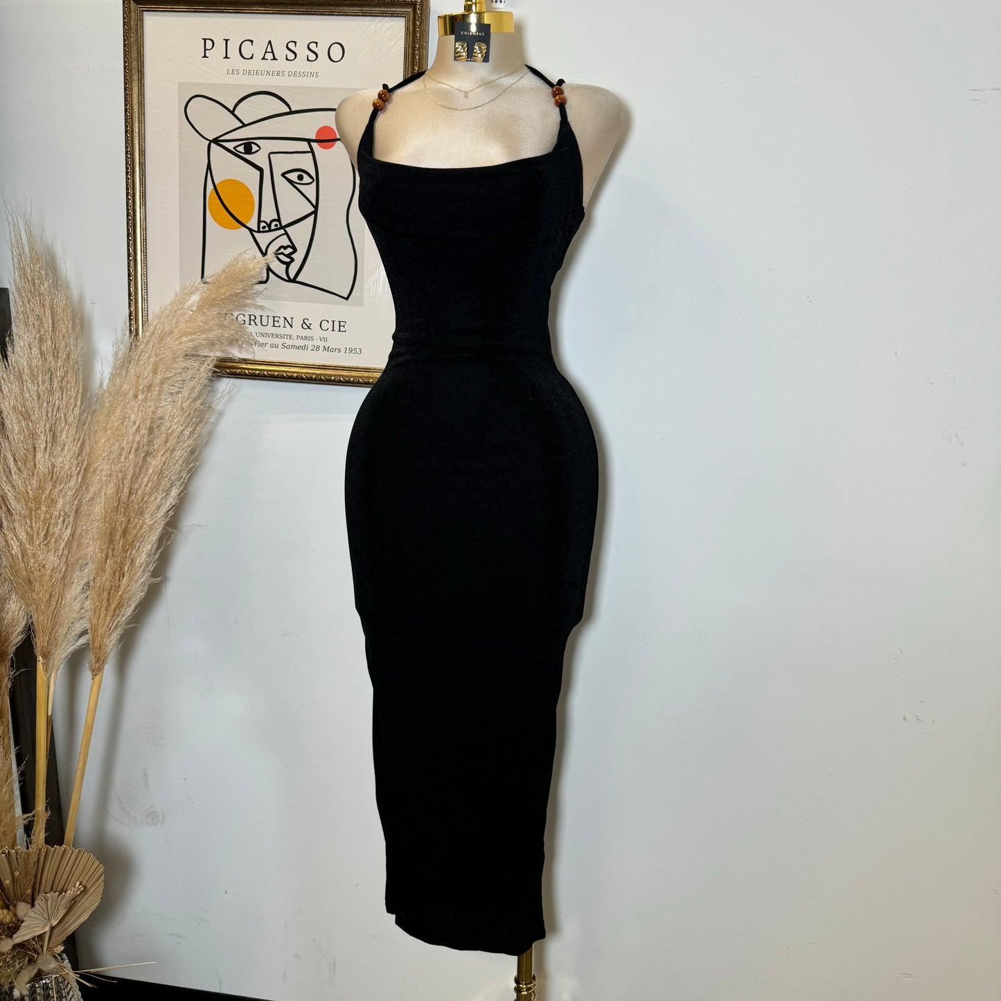 Slinky Cawl Neck Beads Detail Maxi Dress-black