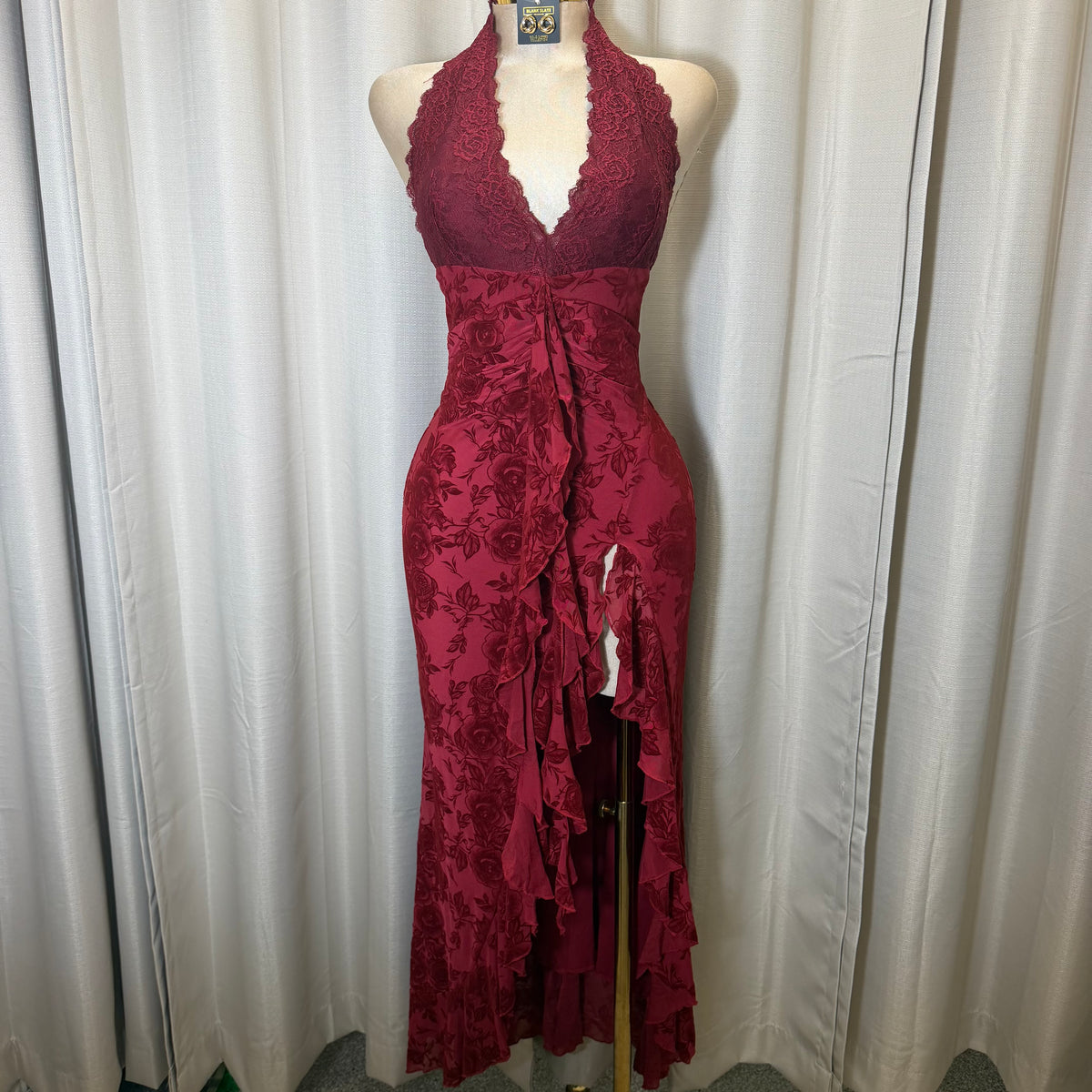 Halter Lace Detail Floral Dress-Red/Burgundy