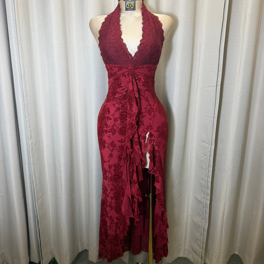 Halter Lace Detail Floral Dress-Red/Burgundy