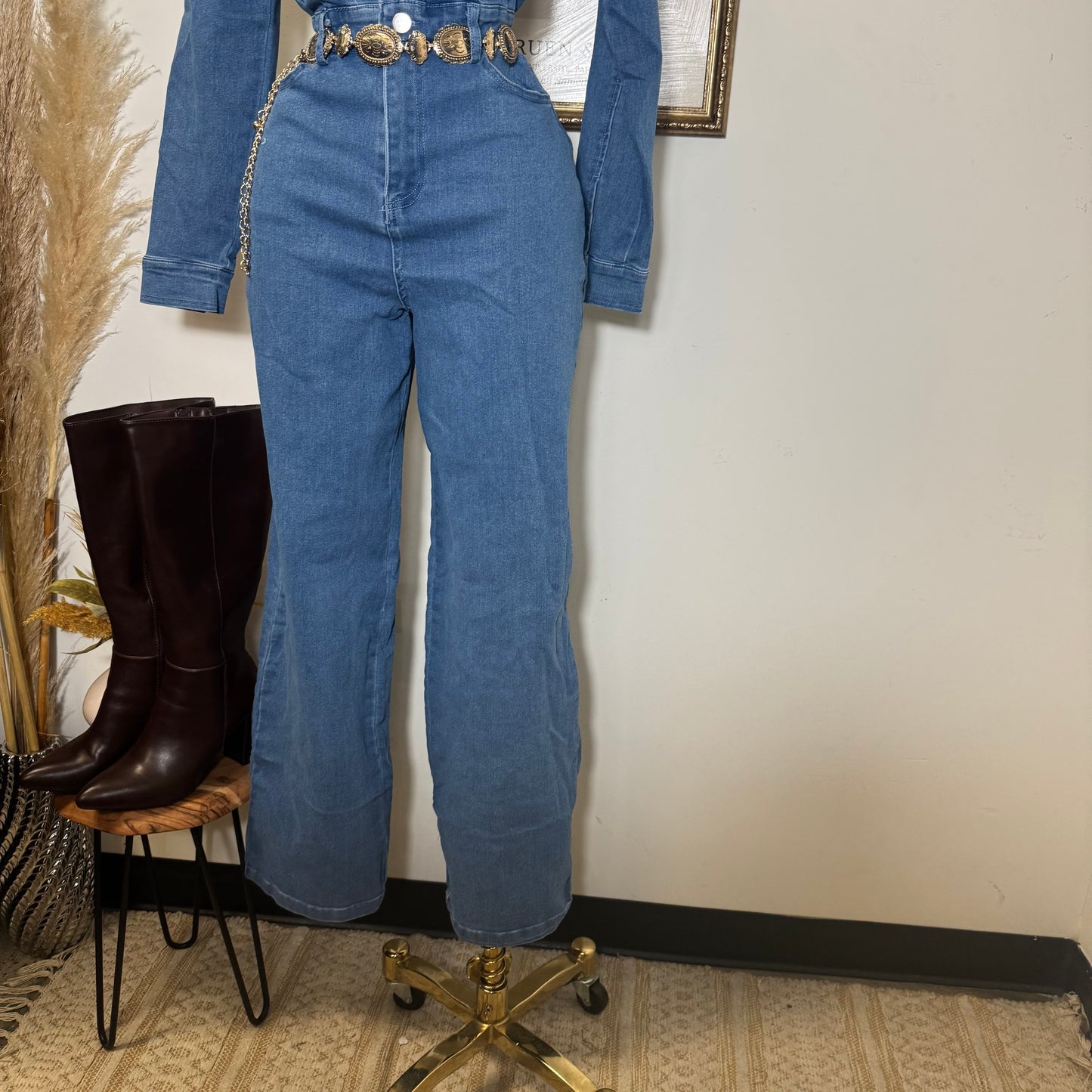 Denim Button Long Sleeve Jumpsuit -Medium Wash