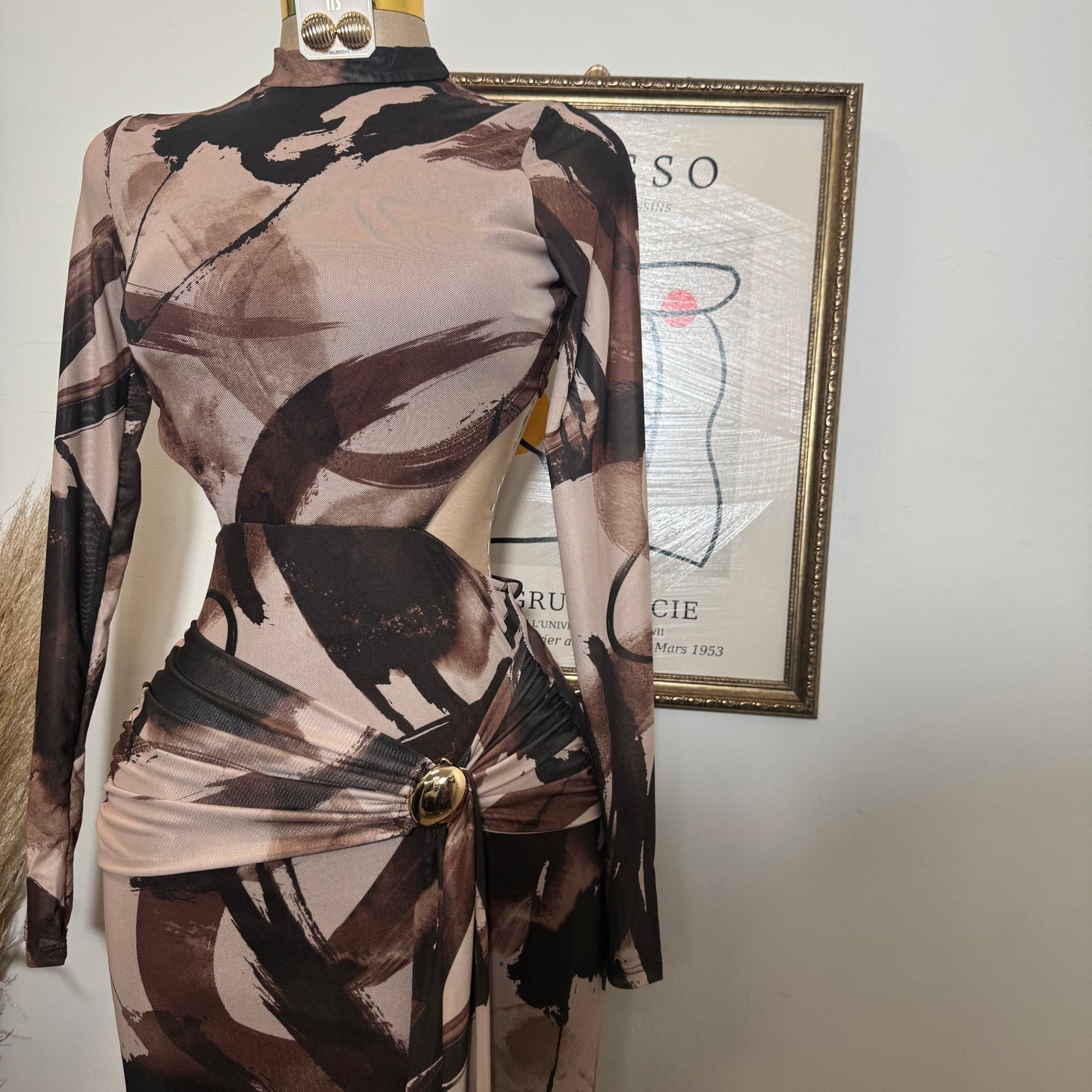 Multi Colored Front Sash Mock Neck Midi Dress-Brown