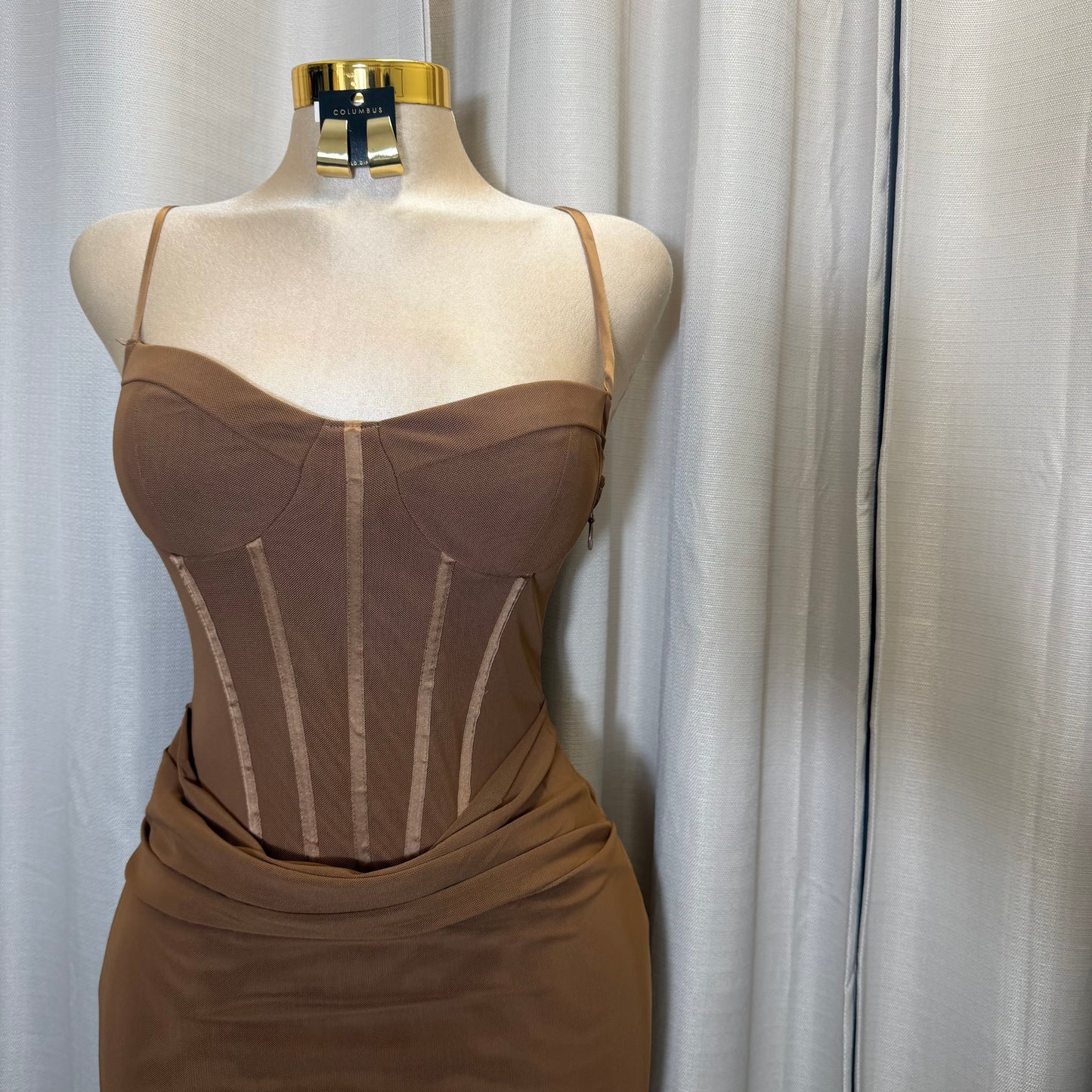 LACE-UP BACK DETAIL CORSET MIDI DRESS-Brown