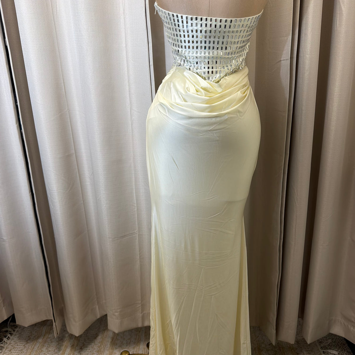 Rectangle Rhinestone satin mermaid maxi Dress-Ivory