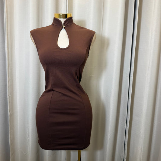 Mock neck Keyhole Ponte Mini Dress-Brown