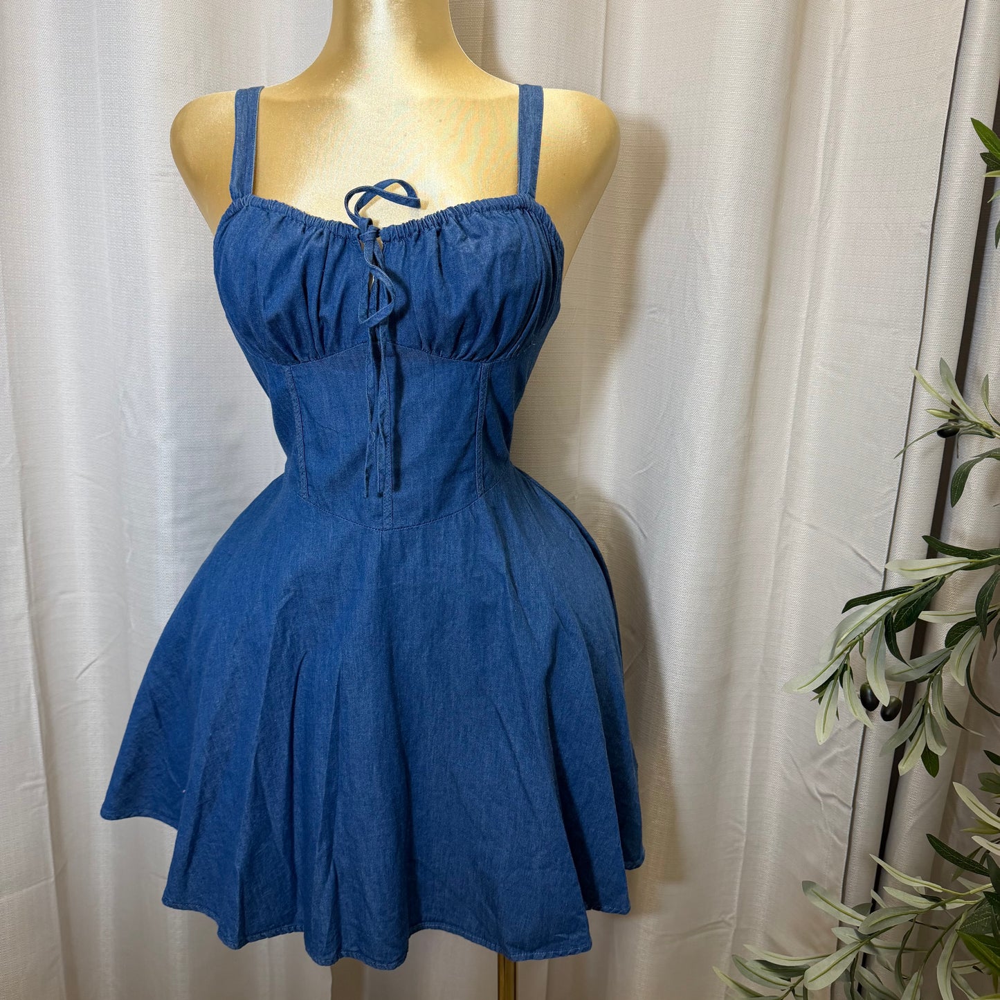 Drawstring Sweetheart Neck Denim Mini Dress-Denim Blue