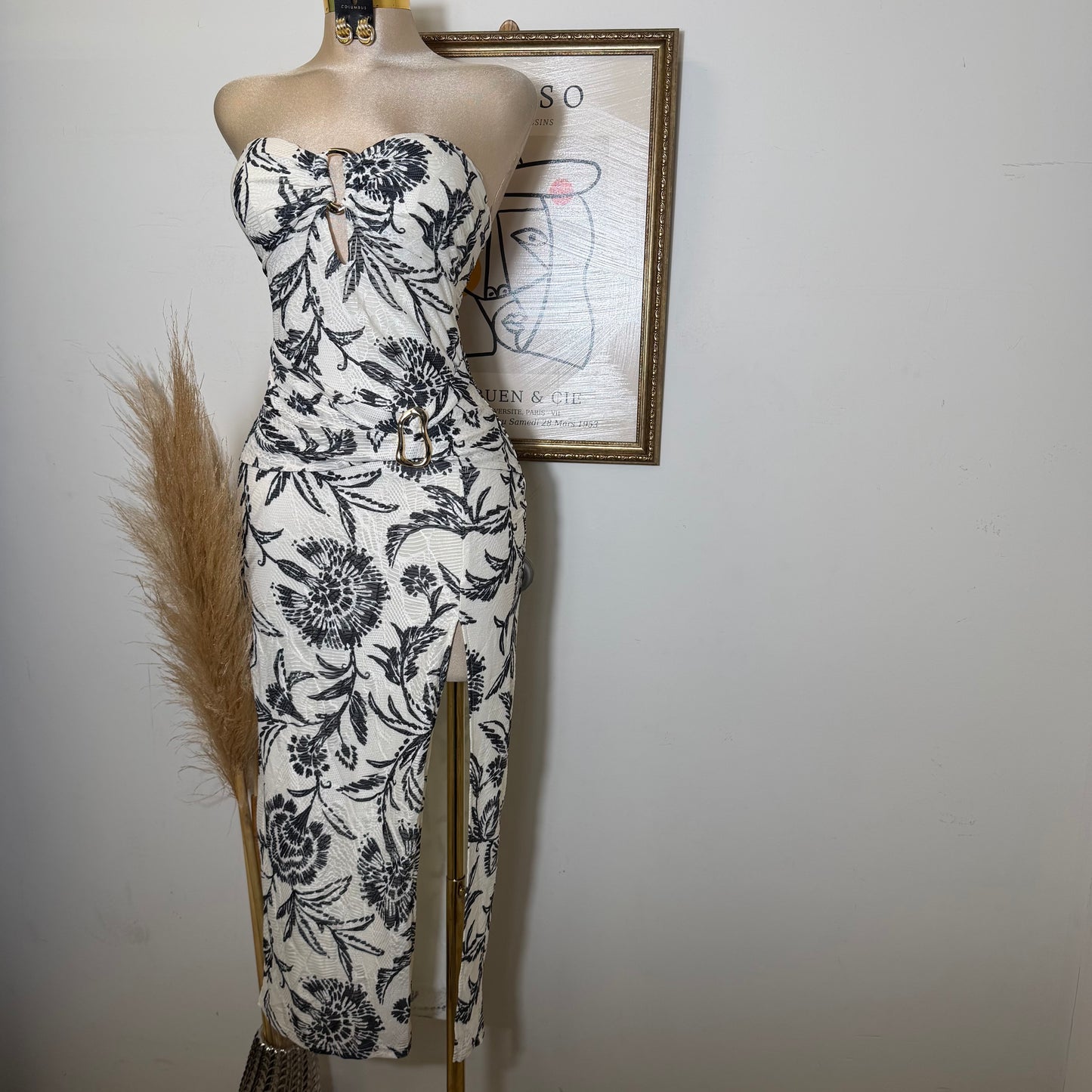 Printed Knit Jacquard w/ Metal Trim Tube Midi Dress-Black/White