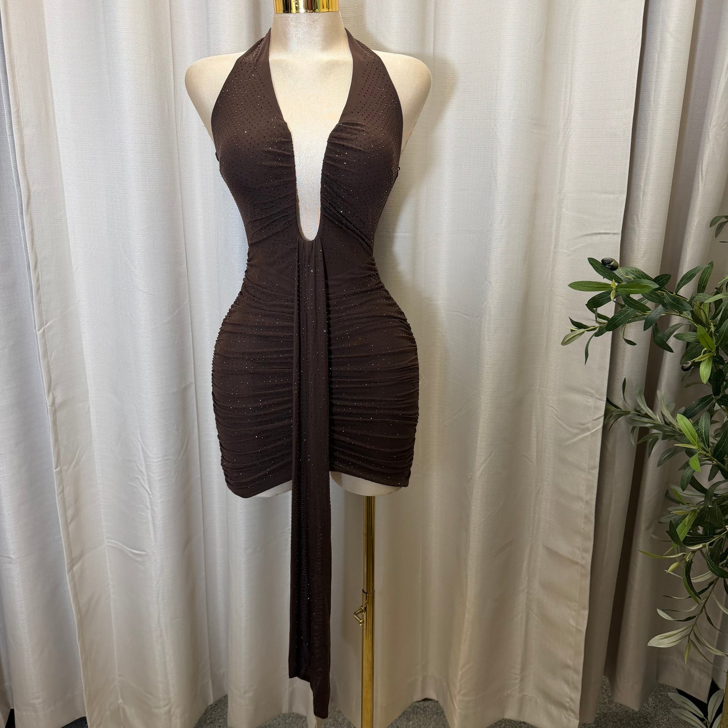 EMBELLISHED MESH COWL NECK MINI DRESS-Brown