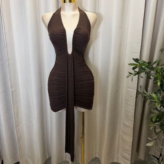 EMBELLISHED MESH COWL NECK MINI DRESS-Brown