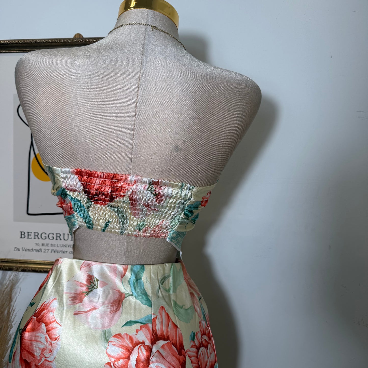 Floral strapless Satin Top and Maxi skirt set-Butter yellow