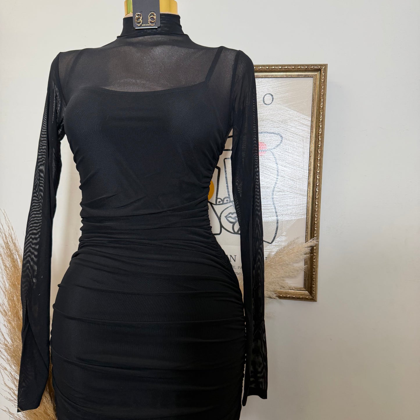 Solid Mesh Mock Neck Midi Long Sleeve Dress-Black