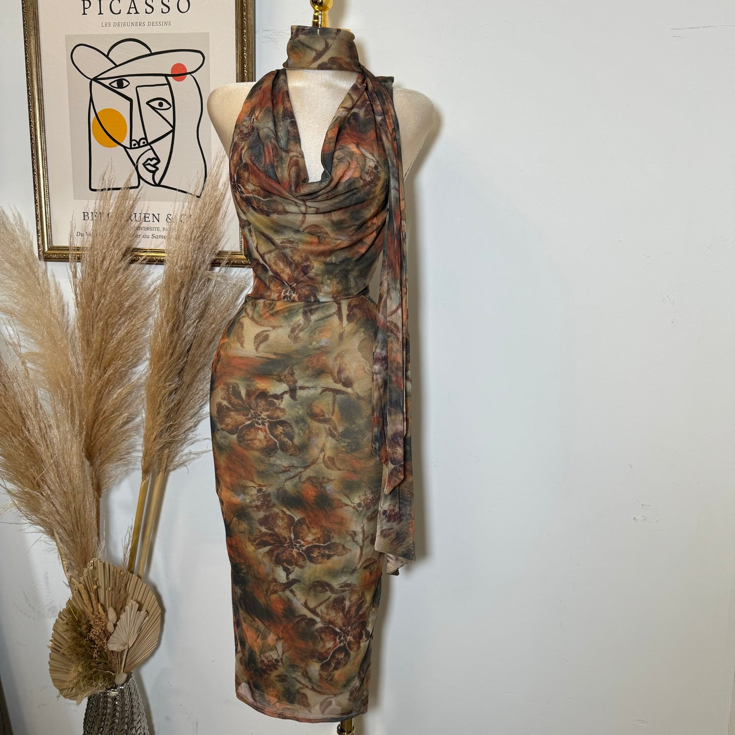 Mesh print Jersey Halter cowl Neck Midi Dress-Brown