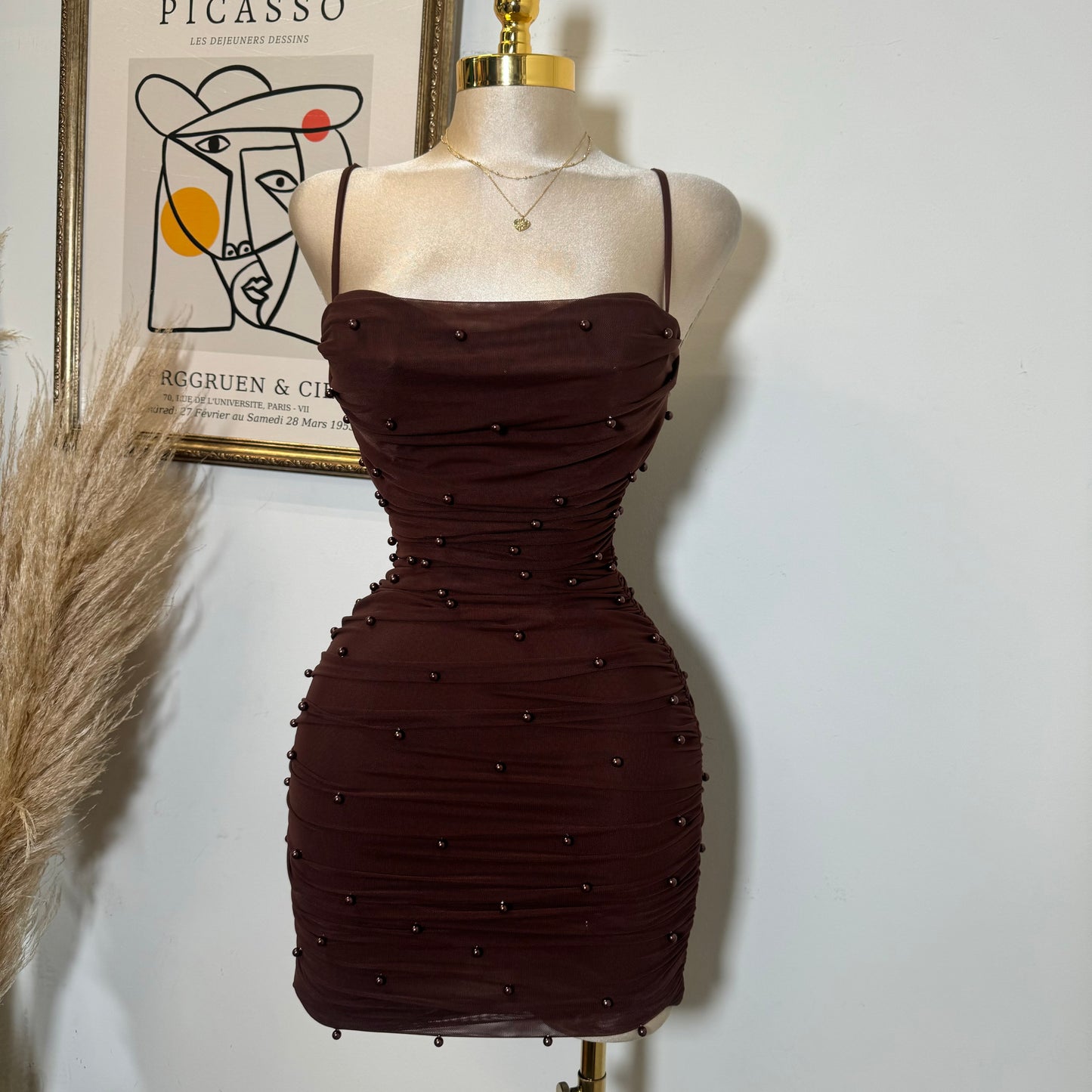 Pearl Mesh Ruched Sleeveless Mini Dress-Brown