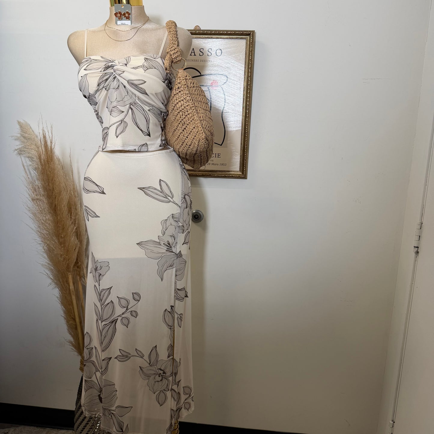 Mesh Print Twist Cami Top & Slit Maxi Skirt-Sand/Brown