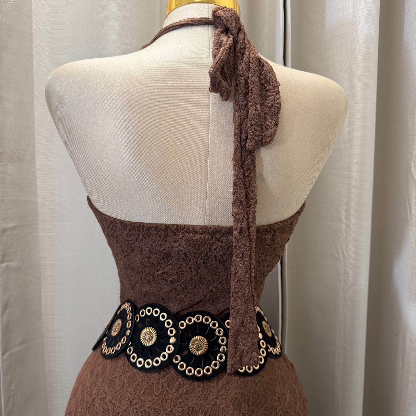 Halter Lace Midi Dress-Brown