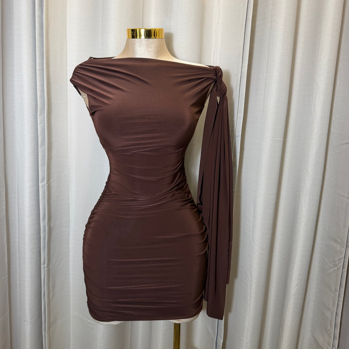 Off Shoulder Ruched Side Tie Mini Dress-Brown