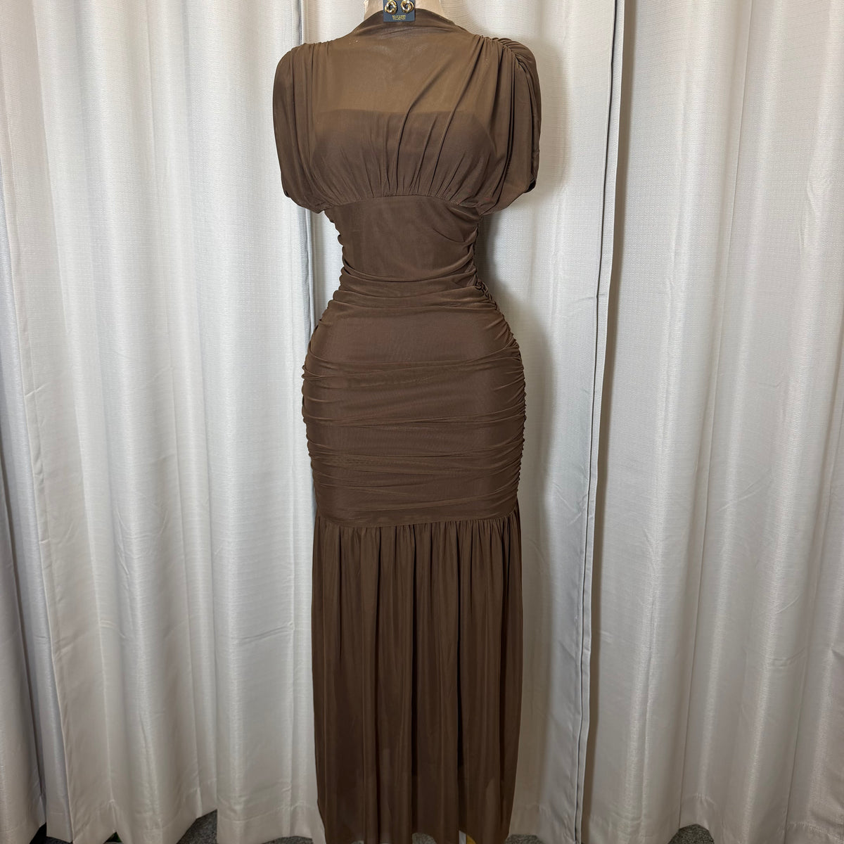 Mesh & Knit Mix Long Dress-Brown