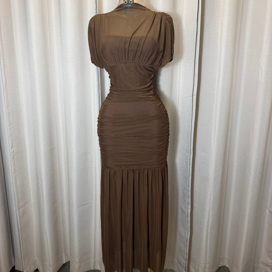 Mesh & Knit Mix Long Dress-Brown