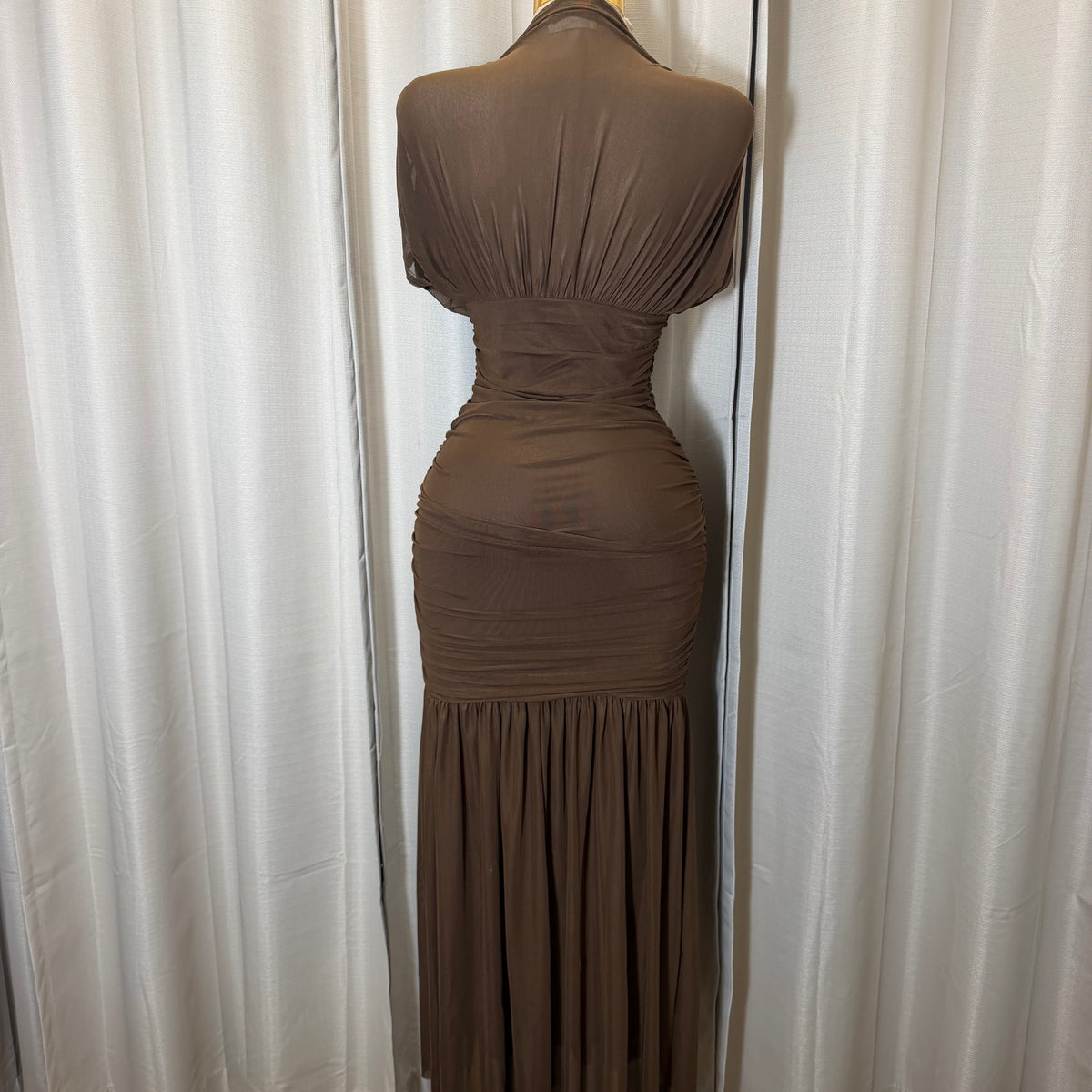 Mesh & Knit Mix Long Dress-Brown