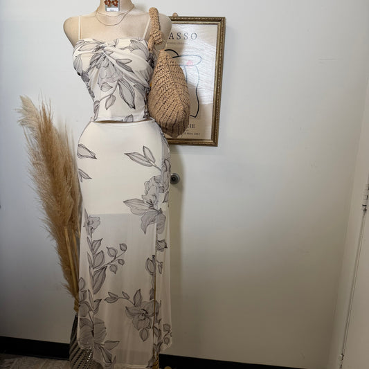 Mesh Print Twist Cami Top & Slit Maxi Skirt-Sand/Brown