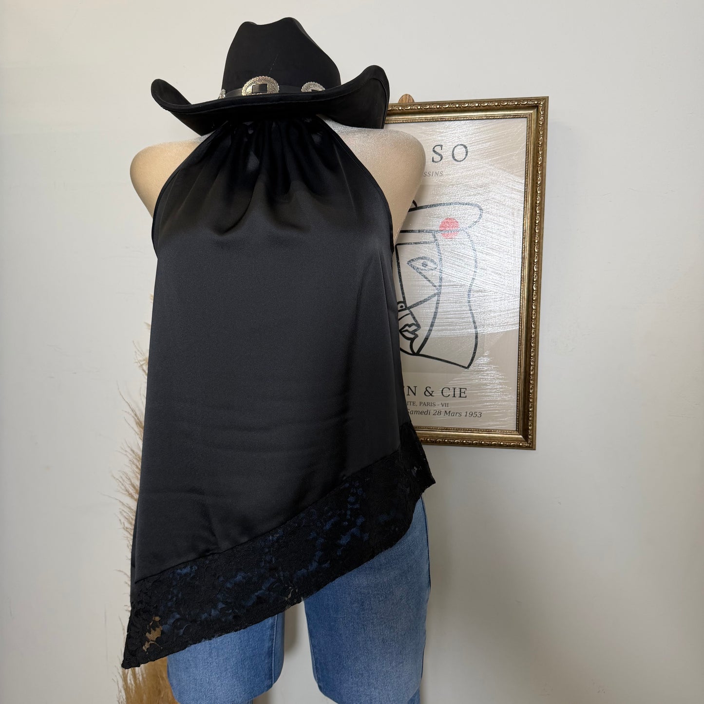 Satin Lace Asymmetrical Top-Black