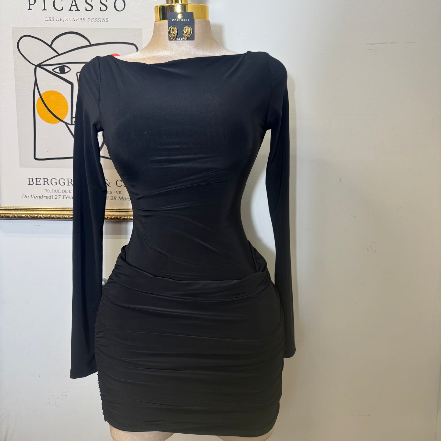 Long Sleeve Ruched Mini Dress-Black
