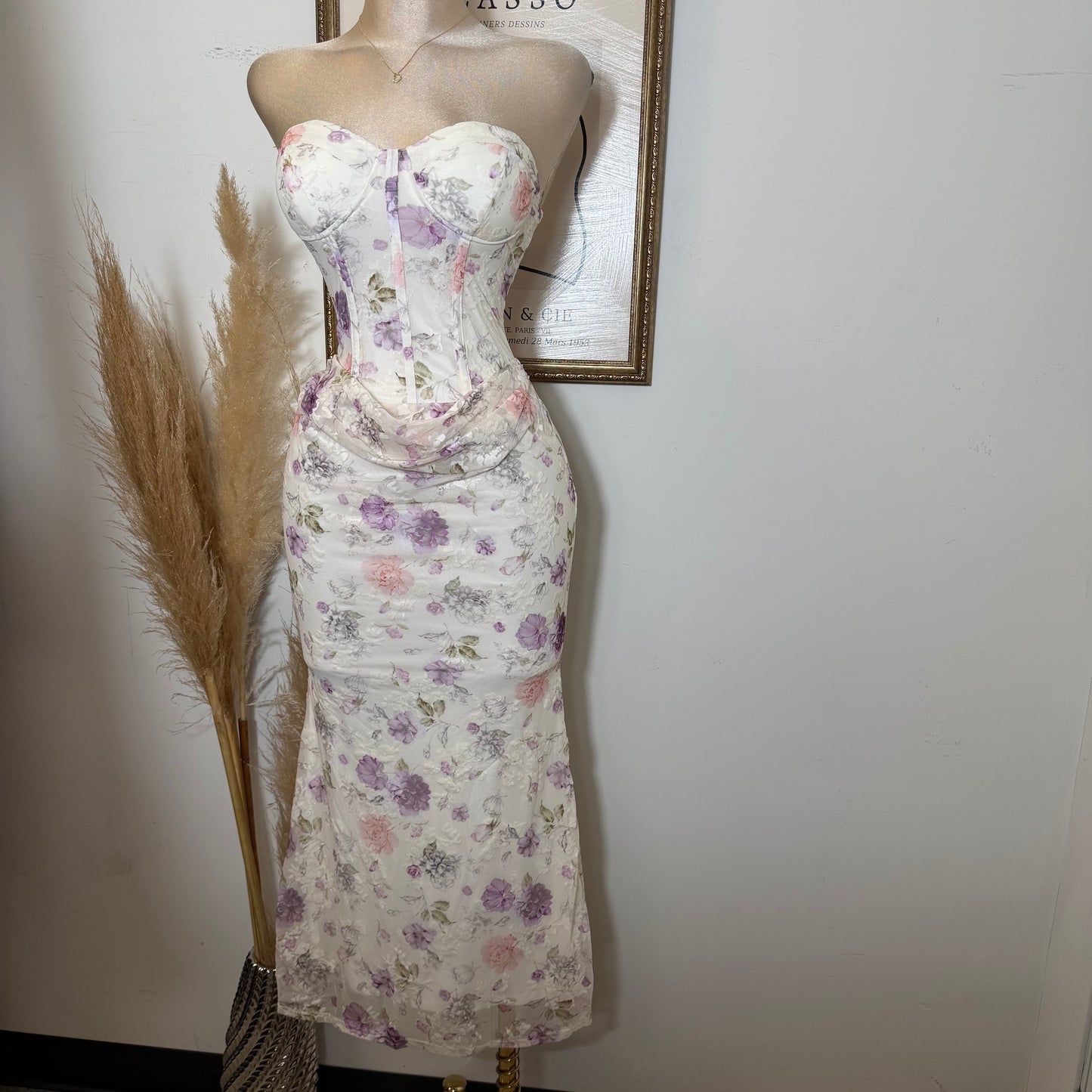 Strapless Floral Print Corset Midi Dress-Ivory Purple