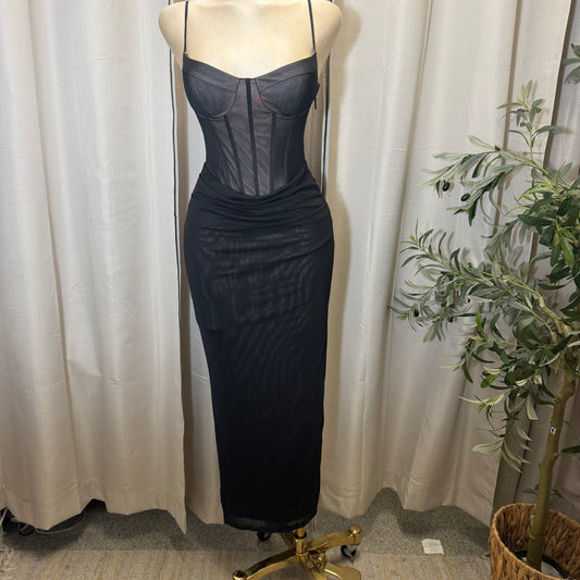 LACE-UP BACK DETAIL CORSET MIDI DRESS-black