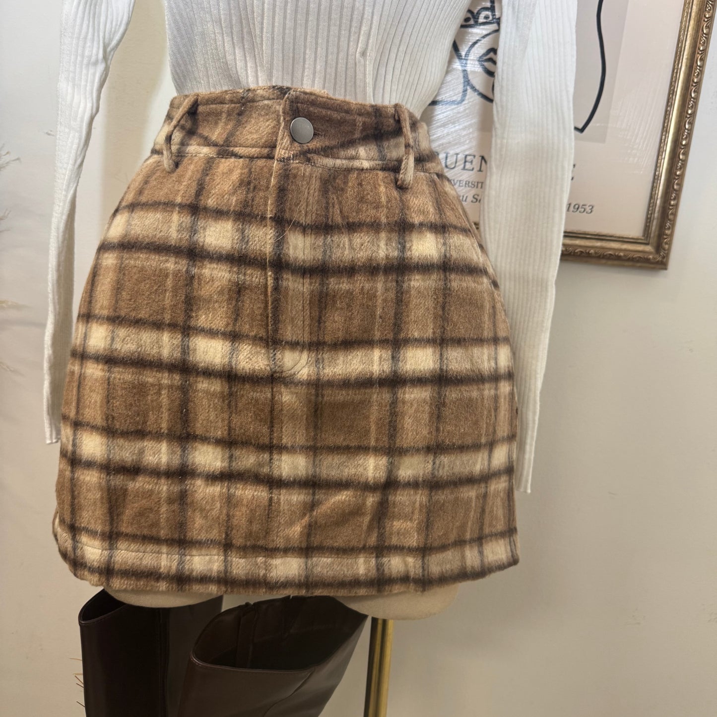 Brushed Plaid Mini Skirt-Khaki