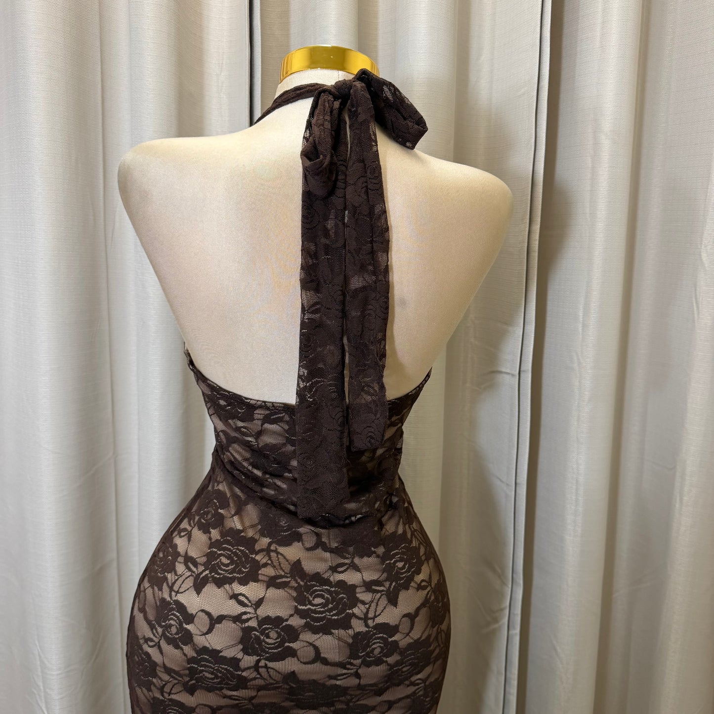 Halter back Tie Open back lace midi Dress-Brown