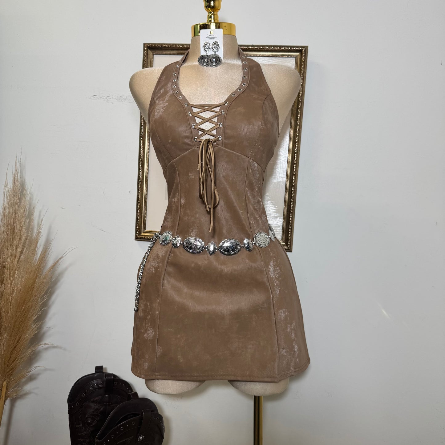 Front Gromment lace up Halter flare mini Dress-Camel