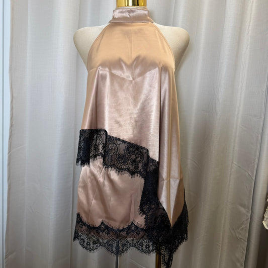 Satin Asymmetrical lace Top skirt Set-brown
